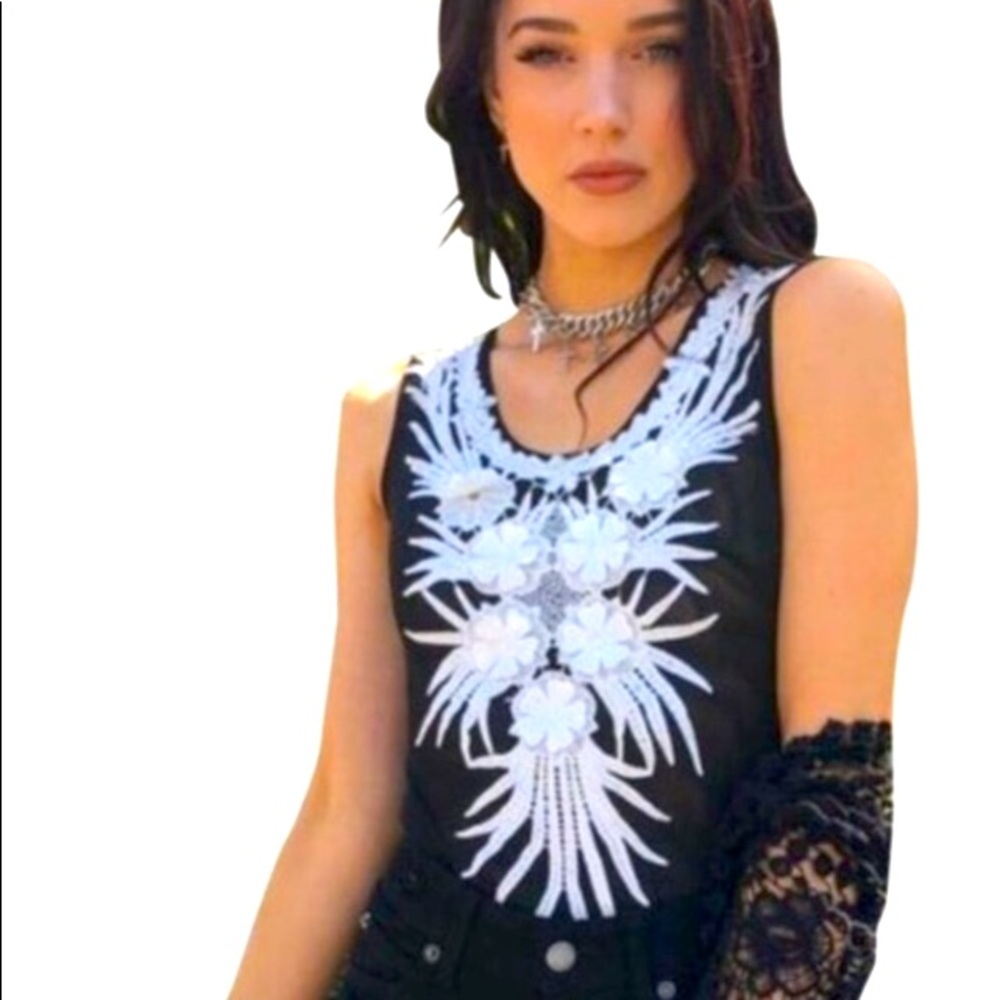 LF Call Me Eden Black Mesh Embroidered Bodysuit BNWT